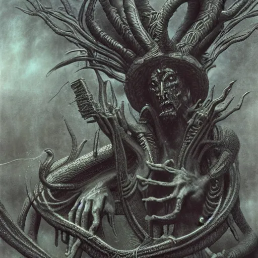 Image similar to mythological gorgon and the furies 8 k resolution photorealistic concept art by hr giger, gustav dore beksinski and guerlmo del toro.