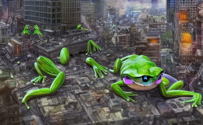 Image similar to kawaii frog destroying city, highly detailed, extremely high quality, hd, 4 k, 8 k, professional photographer, 4 0 mp, lifelike, top - rated, award winning, cinematic, realistic, detailed lighting, detailed shadows, sharp, no blur, edited, corrected, trending