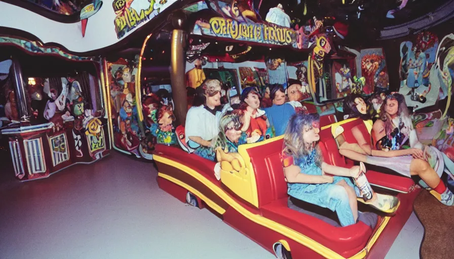 Image similar to 1990s photo of inside the Crazy Joe's Mystery House Show ride at Universal Studios in Orlando, Florida, riding a hamburger car through Joe's dream world , cinematic, UHD