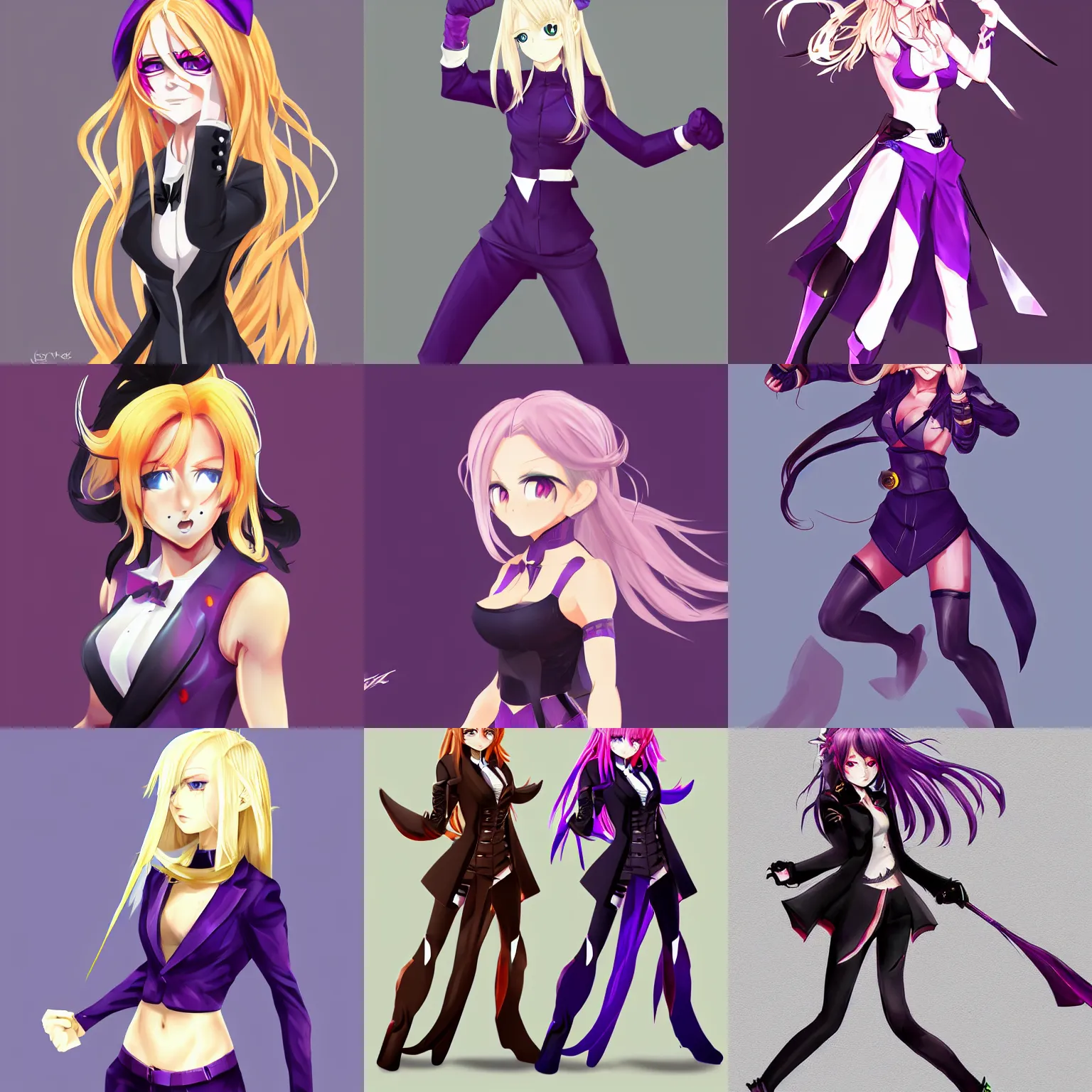 Prompt: fighter anime girl with purple eyes, long blonde hair wearing a tuxedo in a fighting stance, digital art, artstation