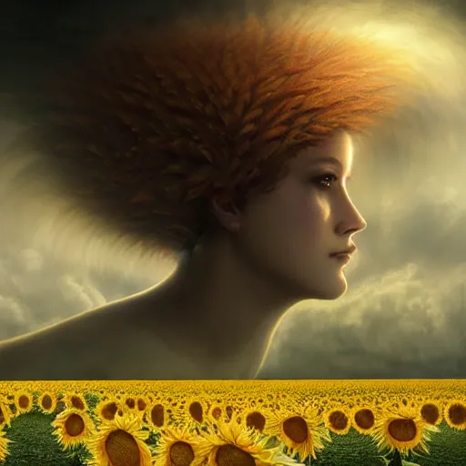 Image similar to by artgerm and agostino arrivabene, visually stunning, cinematic, ultra realistic, hyper realism, epic, octane render, unreal engine, vfx, maya, a girl slowly walking through amazing tall sunflower field, hair flowing, dark clouds incoming, early morning, fungal enchanter, murloc tinyfin, dread infernal, wee whelp, battle ram