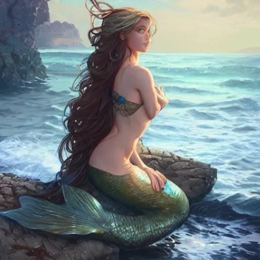 Image similar to mermaid siting on a rock, her hair is flowing down, highly detailed, digital painting, artstation, concept art, sharp focus, illustration, art by artgerm and greg rutkowski and alphonse mucha