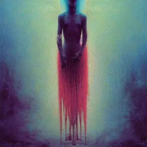 Image similar to angels by beksinski and tristan eaton, dark emotional neon cyber trimmed beautiful dystopian digital art