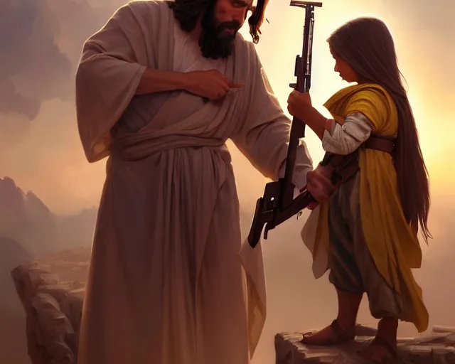 Image similar to photography of jesus christ pointing ak 4 7 to a small child wrapped in toilet paper, deep focus, d & d, fantasy, intricate, elegant, highly detailed, digital painting, artstation, concept art, matte, sharp focus, illustration, hearthstone, art by artgerm and greg rutkowski and alphonse mucha