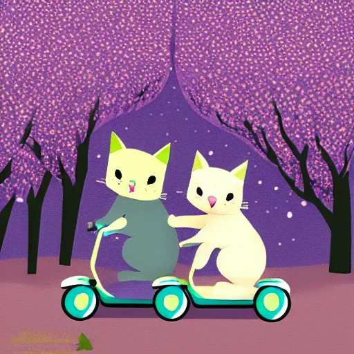 Image similar to a cute artwork of two cats riding scooters through a forest of cheery blossom trees