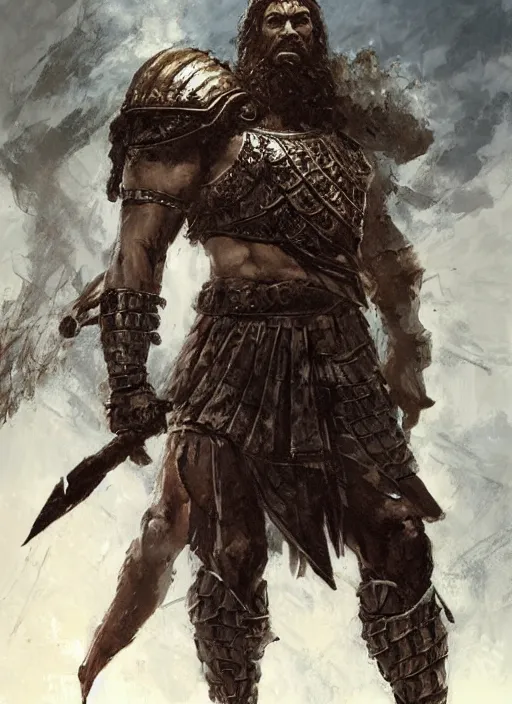 Image similar to ancient historically accurate depiction of the Bible Character Goliath of Gath, the Philistine warrior giant in ancient persian chainmail armor, dramatic lighting art by Yoji Shinkawa by Richard Schmid by greg rutkowski by Sandra Chevrier by Jeremy Lipking cinematic dramatic