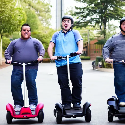 Prompt: three young extremely overweight man with down syndrome on an electric scooter