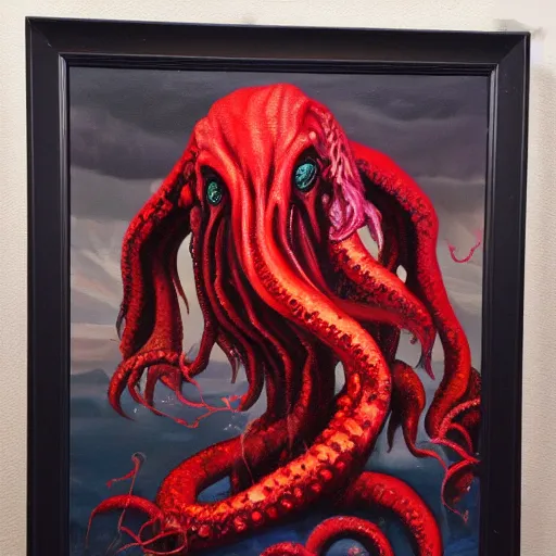 Prompt: an oil painting of Cthulhu, thick paint, detailed, 8k, dark phantasy, gritty, red eyes, stormy night