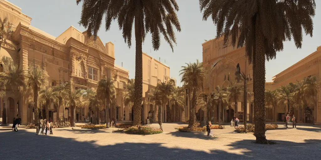 Image similar to khedival opera house, talaat Harb Square cairo, google street view, realistic rendering by pixar, dappled afternoon sunlight, acacia trees, date palm trees, shrubs, flowers, 4k, hyper realistic, fujifilm, octane render, artstation