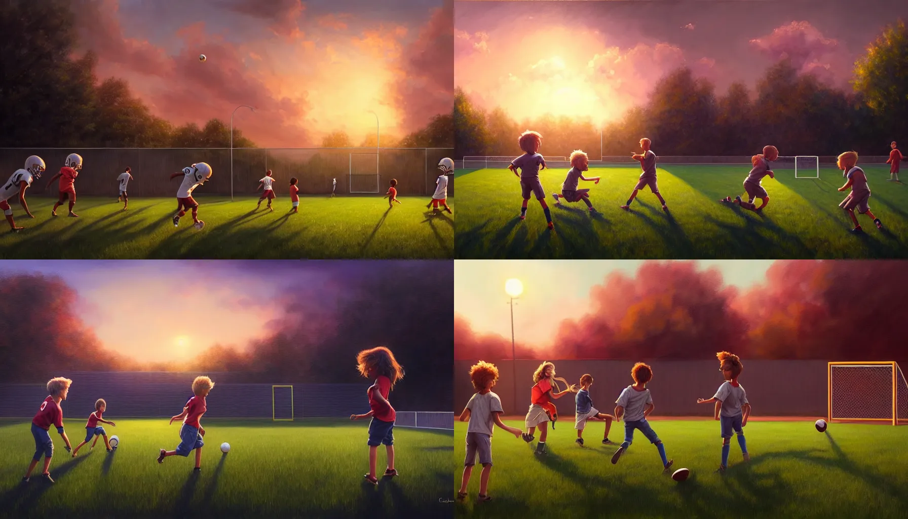 Prompt: beautiful painting of backyard football field with a pair of playing children during sunset, wide shot, digital painting, intricate details, trending on artstation, concept art, octane render, realistic, highly detailed, smooth, sharp focus, beautiful, 4 k, 8 k, hd, art by charlie bowater and artgerm and greg rutkowski