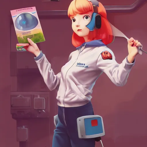 Image similar to British Pokemon original character with wild peach colored hair and heterochromia, Pixar style, beautiful woman, scientist, standing in a lab in front of a giant containment liquid filled tank, by Tristan Eaton Stanley Artgerm and Tom Bagshaw, Makoto Shinkai ilya kuvshinov and Wojtek Fus