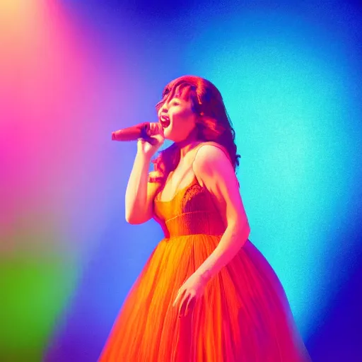 Image similar to beautiful actress singing on a stage of a broadway musical, colorful dress, rural setting, professional photography, theatrical lighting, volumetric lighting