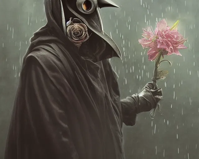 Image similar to plague doctor holding flowers, heavy rain, wind, thunder, reflections, deep focus, d & d, fantasy, intricate, elegant, highly detailed, digital painting, artstation, concept art, matte, sharp focus, illustration, hearthstone, art by artgerm and greg rutkowski and alphonse mucha