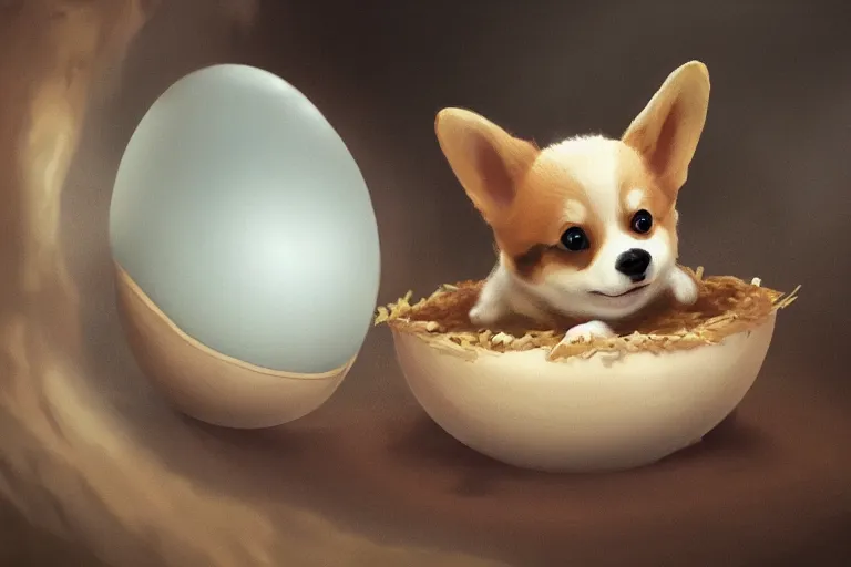 Image similar to a baby corgi crawling out of an egg in a nest, fantasy art, concept art, digital art, trending on artstation, 4 k, extremely detailed, realistic,