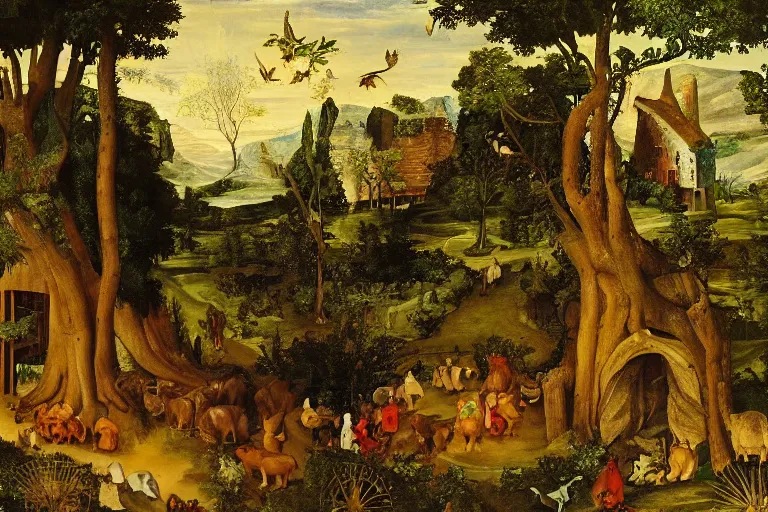 Prompt: a mistic fa forest with many animals, with a old house, in entrance of the house and old woman rocking in a rocking chair.renaissance painting style.high detail painting