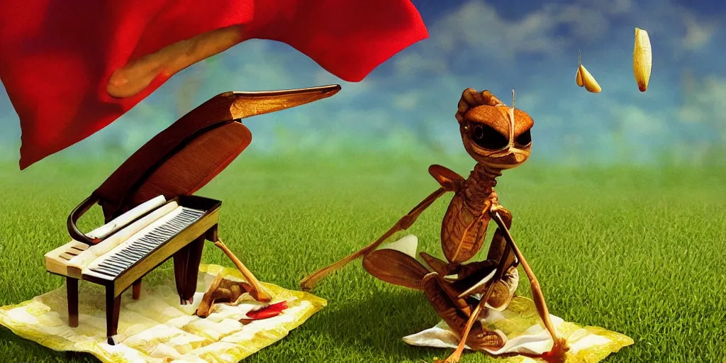 Image similar to a cricket playing a tiny piano on top of a picnic blanket about to be crushed by a giant human foot, low field of view, blurry background, digital art, artstation