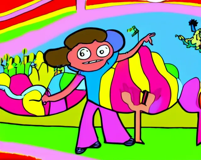 Prompt: Klasky-Csupo style cartoon about a young girl and her pet monster in a candyland. TV screenshot HD remaster