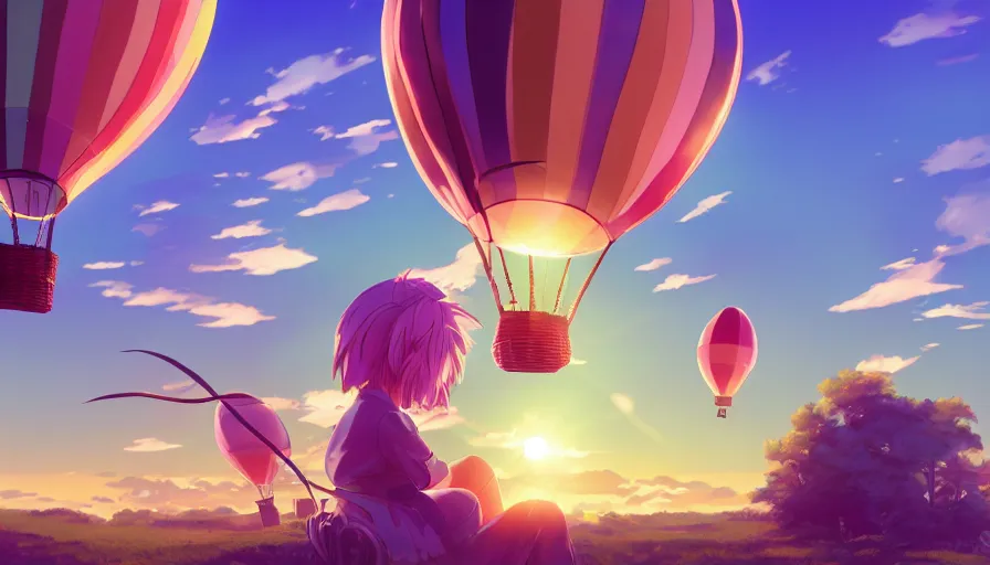 Image similar to a colorful easter egg as hot air balloon, sunset, serene evening atmosphere, soft lens, soft light, cel - shading, animation, in the style of cgsociety, deviantart, artstation, zbrush, cinema 4 d, studio ghibli, akihiko yoshida, atelier lulua, masamune shirow