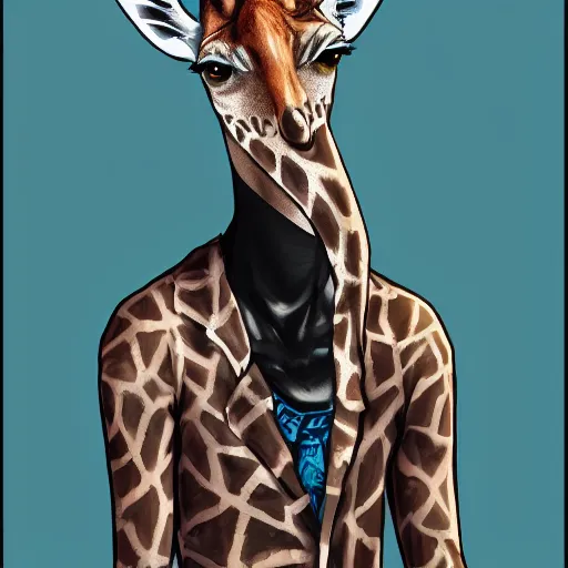 Image similar to Beautiful portrait digital painting, oil painting, anthro anthropomorphic giraffe androgynous , at a lake anarchist anarcho-punk Punk Punk outfit. furaffinity, artstation