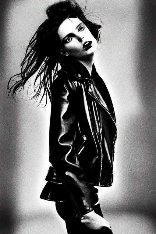 Image similar to dreamy rock girl, black leather jacket, detailed acrylic, grunge, perfect lighting. professional design. great composition, illustration by alberto giacometti, peter lindbergh, 8 k