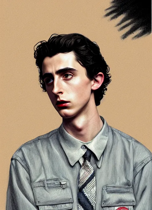 Prompt: twin peaks movie poster art, portrait of timothee chalamet, from scene from twin peaks, clean, simple illustration, nostalgic, domestic, highly detailed, digital painting, artstation, concept art, smooth, sharp focus, illustration, artgerm, donato giancola, joseph christian leyendecker, wlop