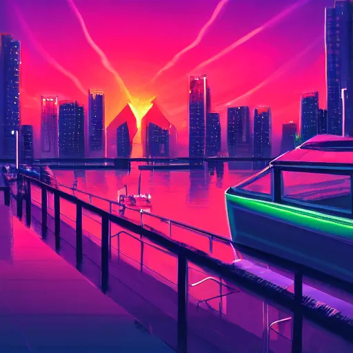 Image similar to the city lights were bright pink and orange and shone overhead. the harbour looked beautiful the sun reflecting off of the water and the neon lights of the city gave of a warm feeling, trending on artstation