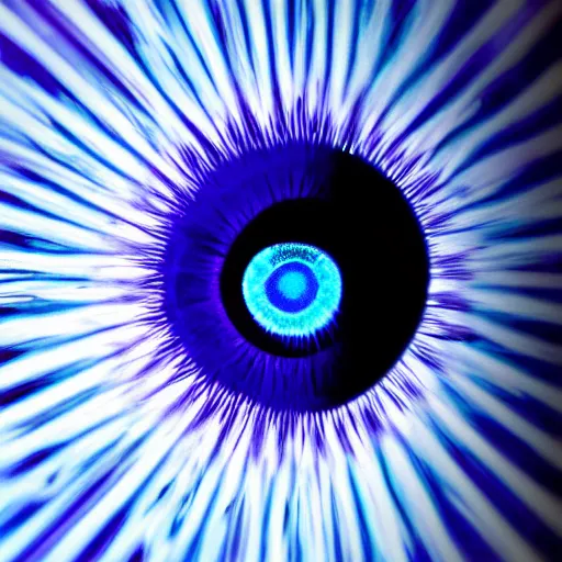 Prompt: close-up photo of the iris of an eye, hues of blue and purple, abstract lines