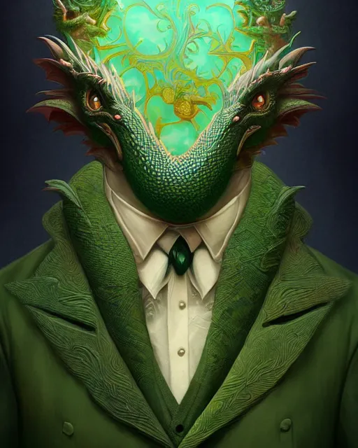 Image similar to anthropomorphic art of a businessman dragon, green dragon, portrait, victorian inspired clothing by artgerm, victo ngai, ryohei hase, artstation. fractal papers and books. highly detailed digital painting, smooth, global illumination, fantasy art by greg rutkowsky, karl spitzweg