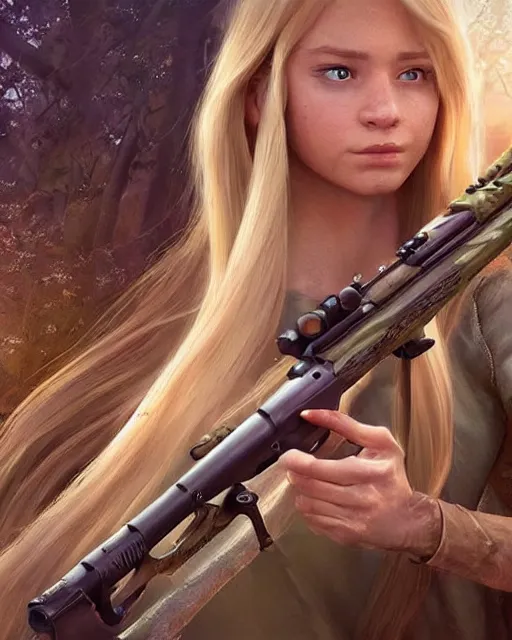 Image similar to disney princess with long blonde hair vs long barreled 9 0 sniper rifle : : weta disney pixar movie still photo : : hi - fructose, decadent highly - detailed digital painting, golden ratio, octane render, artstation, smooth, sharp focus, artgerm, mucha, loish, wlop