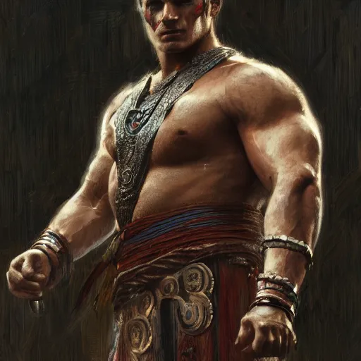 Prompt: Henry Cavill as an Aztec warrior, athletic , face paint, muscular, intricate, highly detailed, digital painting, artstation, concept art, sharp focus, illustration, art by greg rutkowski and alphonse mucha