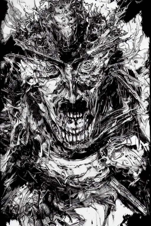 Prompt: portrait of chainsaw devil from chainsawman, pen and ink, intricate line drawings, by craig mullins, ruan jia, kentaro miura, greg rutkowski