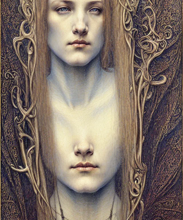 Image similar to detailed realistic beautiful young medieval queen face portrait by jean delville, gustave dore and marco mazzoni, art nouveau, symbolist, visionary, gothic, pre - raphaelite. horizontal symmetry