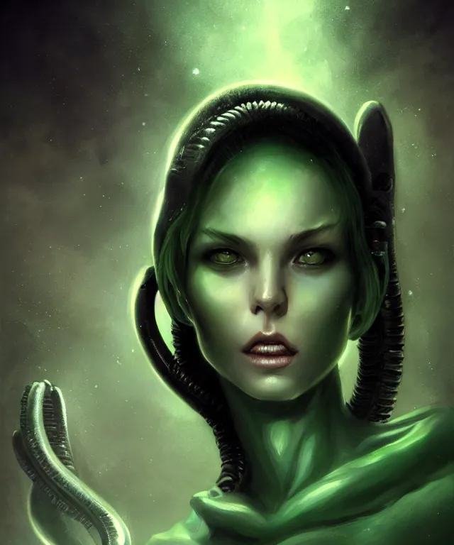 Prompt: xenomorph by charlie bowater and titian and artgerm, full - body portrait, intricate, face, galactic, elegant, green mist, beautiful, highly detailed, dramatic lighting, sharp focus, trending on artstation, artstationhd, artstationhq, unreal engine, 4 k, 8 k
