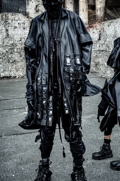 Prompt: goth techwear look and clothes, we can see them from feet to head, highly detailed and intricate, hypermaximalist, futuristic, luxury, Rick Owens, Errolson Hugh, Yohji Yamamoto, Y3, ACRNYM, cinematic outfit photo
