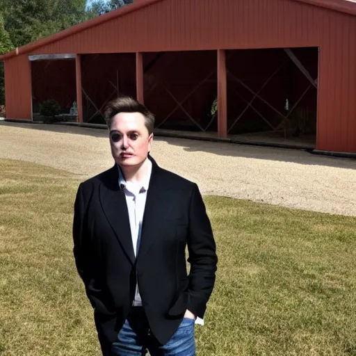 Image similar to Elon musk standing in front of a Barndominium, large metal home