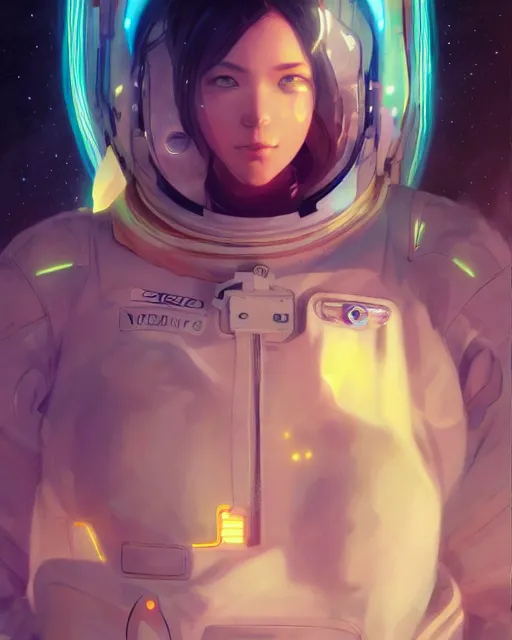 Image similar to anime visual of a female astronaut, neon, cyberpunk, futuristic suit, stunning, highly detailed, digital painting, artstation, smooth, soft focus, illustration, art by artgerm and greg rutkowski and alphonse mucha