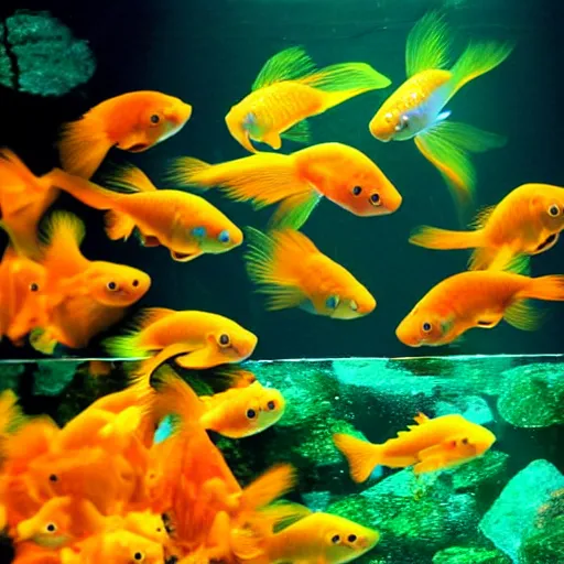 Image similar to luminescent glowing goldfish swimming in an aquarium, photography