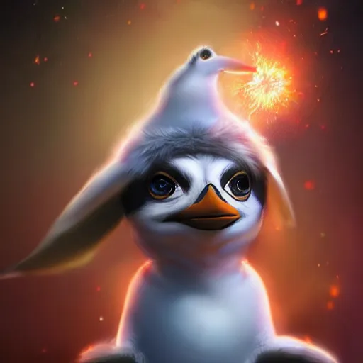 Image similar to epic professional digital airbrushed portrait art of a cute baby penguin dressed as a magician,, best on artstation, cgsociety, wlop, Behance, pixiv, cosmic, epic, stunning, gorgeous,, masterpiece by Dorian Cleavanger and Stanley Lau,