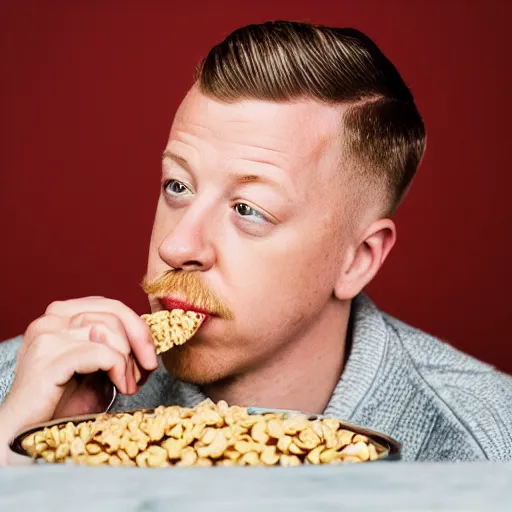 Image similar to macklemore eating cereal at home, photography, depth of field, 7 0 mm lens, studio lighting,