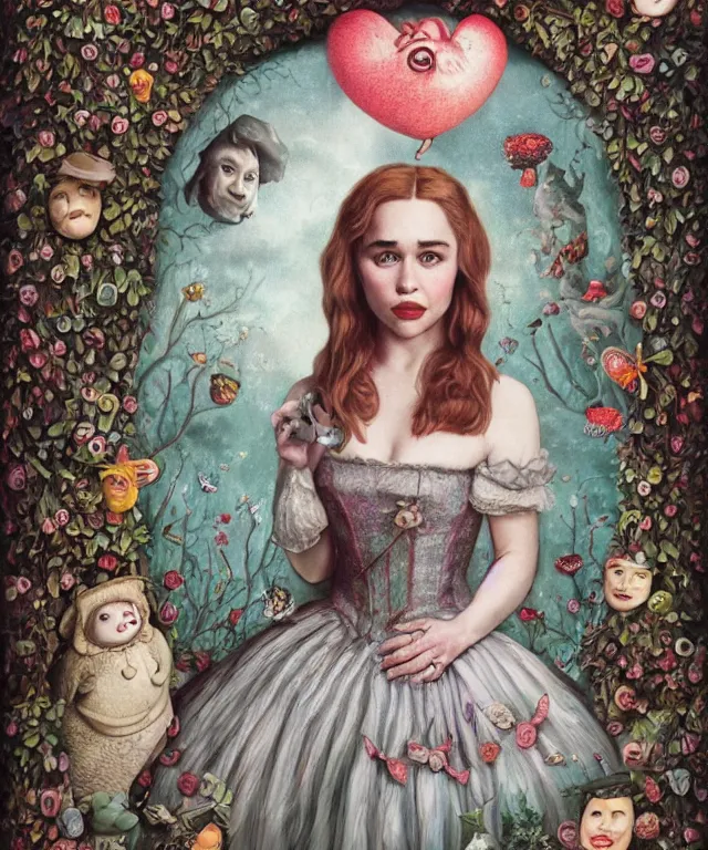 Image similar to portrait of Emilia Clarke in wonderland, lowbrow painting by Mark Ryden