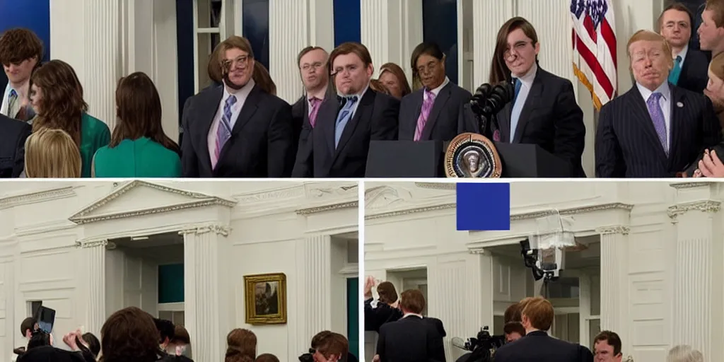 Image similar to White House press briefing with a Minecraft creeper sneaking up behind the President