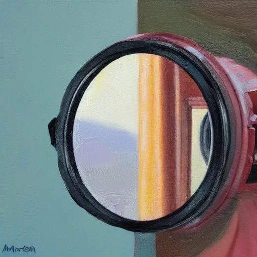 Prompt: camera taking a picture of its own broken lens through a mirror, hyper realistic painting, impasto by Angela Moulton, high quality reflections