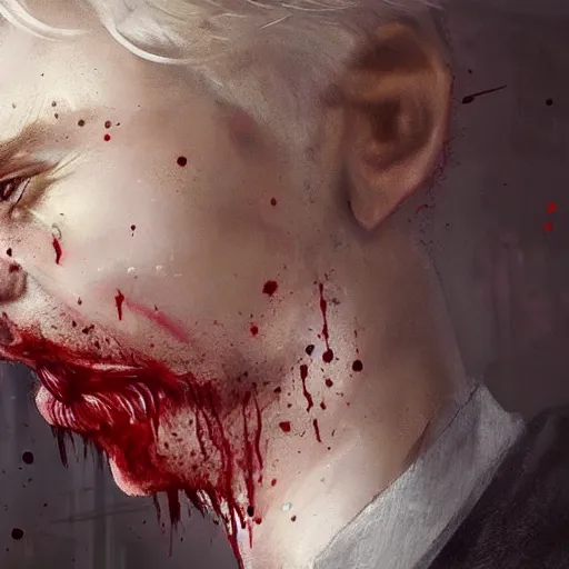 Image similar to portrait painting of a smiling police officer with pale skin short blond hair a patchy beard and blood stains on his mouth, sharp focus, ultra realistic, concept art, intricate details, eerie, highly detailed, photorealistic, octane render, 8 k, unreal engine. art by artgerm and charlie bowater and greg rutkowski