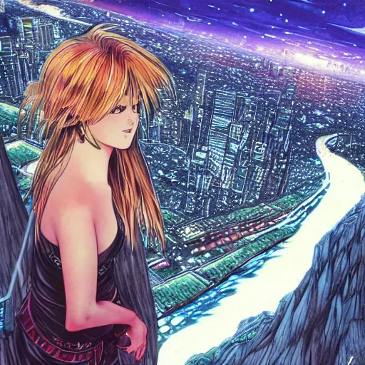 Image similar to beautiful girl looking from the edge of the mountain on the giant night city below, midnight, highly detailed colored manga page, illustration by diego facio, hyper realism