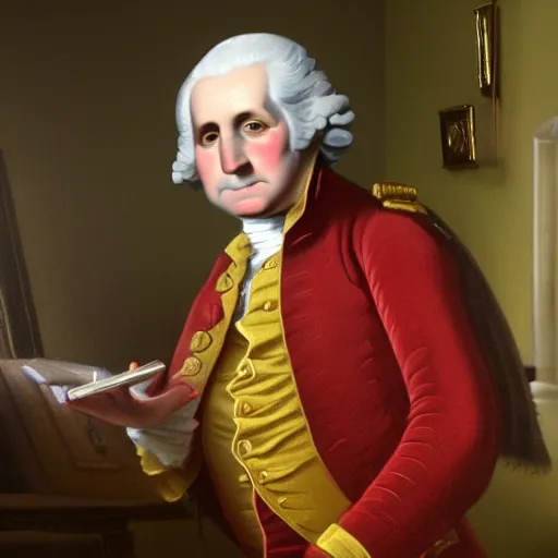 Image similar to a closeup photorealistic photograph of a happy George Washington inspecting small gold Doubloon coins at his home on Cherry Street. This 4K HD image is Trending on Artstation, featured on Behance, well-rendered, extra crisp, features intricate detail and the style of Unreal Engine.