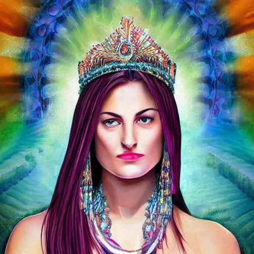 Prompt: a teenage Mädchen Amick as Goddess of gems looking at you intensely with seductively serious eyes while wearing a head covering. ultra detailed painting at 16K resolution and epic visuals. epically surreally beautiful image. amazing effect, image looks crazily crisp as far as it's visual fidelity goes, absolutely outstanding. vivid clarity. ultra. iridescent. mind-breaking. mega-beautiful pencil shadowing. beautiful face. Ultra High Definition.