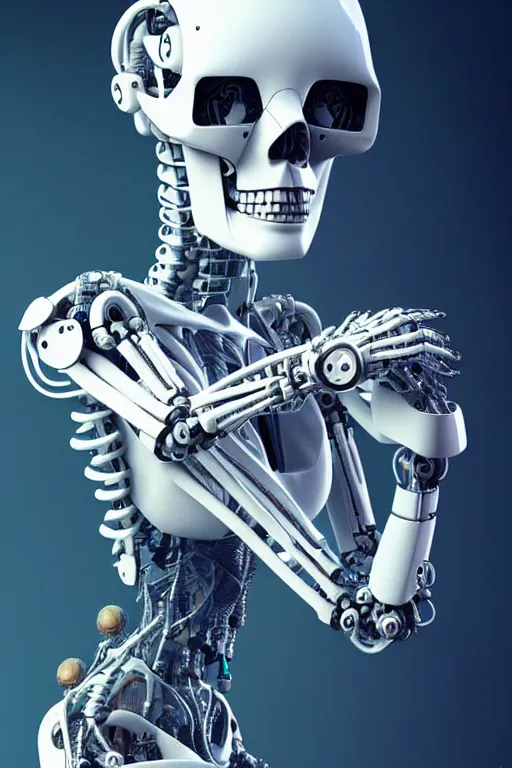 Image similar to a robot holding a human skull on its hand, perfect symmetrical body, full body shot, inflateble shapes, wires, tubes, veins, white biomechanical, wearing epic bionic cybor implants, masterpiece, intricate, biopunk vogue, highly detailed, artstation, concept art, cyberpunk, octane render