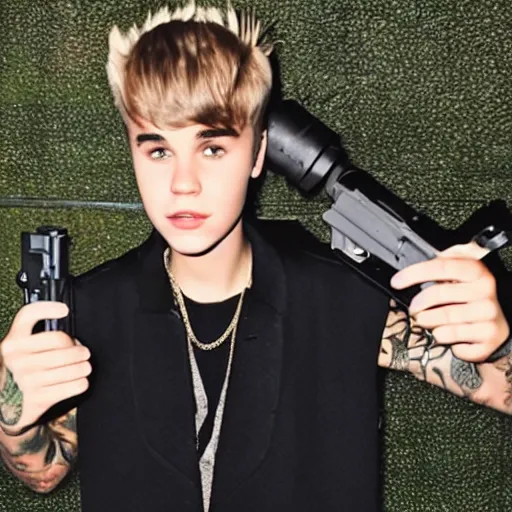 Image similar to justin bieber with a gun next to a pineapple