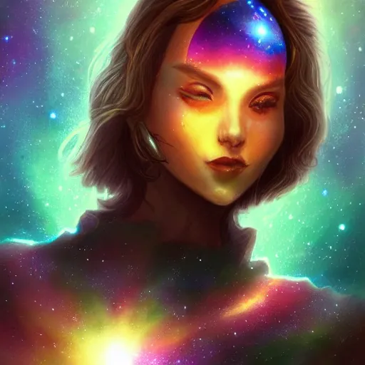 Prompt: a celestial in a galaxy, character design, concept art, deep colours, trending on art station