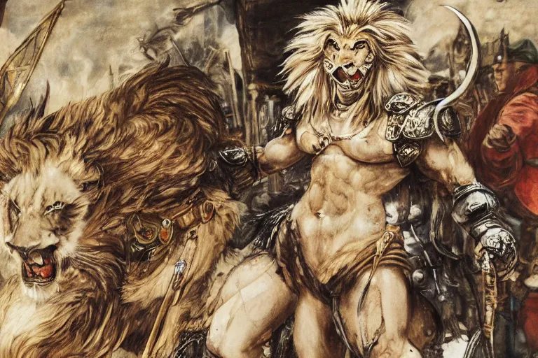 Image similar to 8k Yoshitaka Amano painting of upper body of a young cool looking lion beast-man at a medieval market at windy day. White mane, Depth of field. He is wearing complex fantasy armors. He has huge paws. Renaissance style lighting.